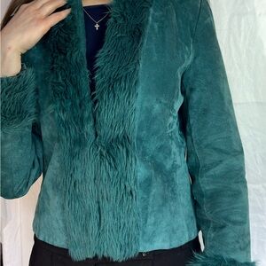 Paradox Teal Faux Fur-Trim Suede Jacket
